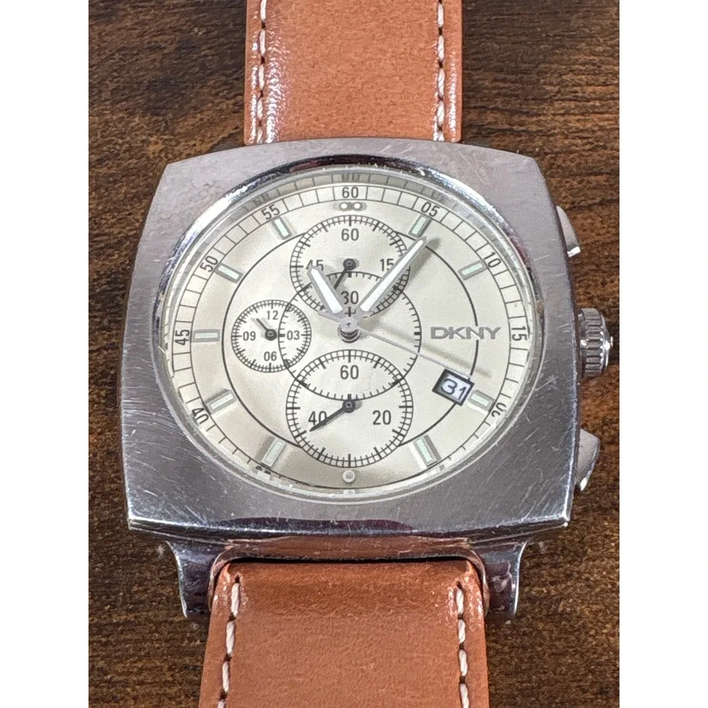 DKNY NY-1080 Chronograph Watch Square Stainless Steel Tan Leather Strap Silver